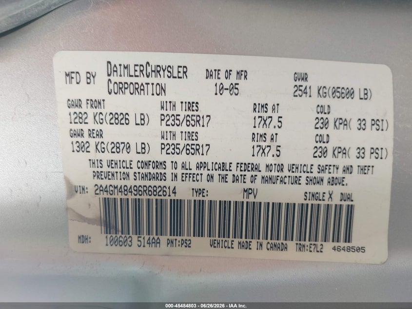 CHRYSLER PACIFICA 2006 VIN 2A4GM48496R682614