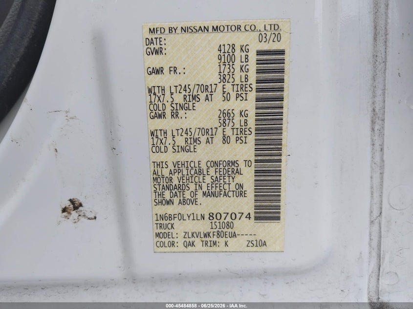 2020 Nissan Nv Cargo Nv2500 Hd S High Roof V6 VIN: 1N6BF0LY1LN807074 Lot: 45484858