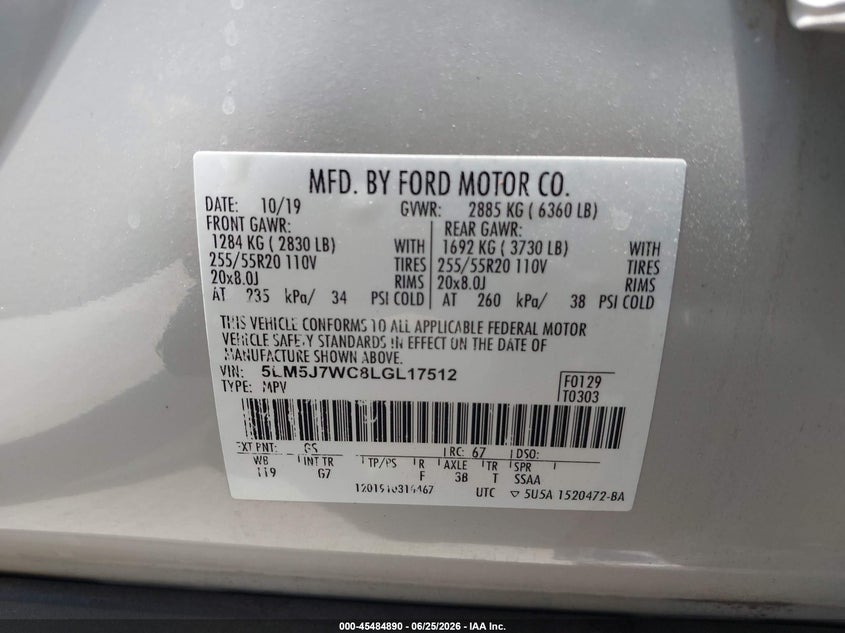 2020 Lincoln Aviator Reserve VIN: 5LM5J7WC8LGL17512 Lot: 45484890