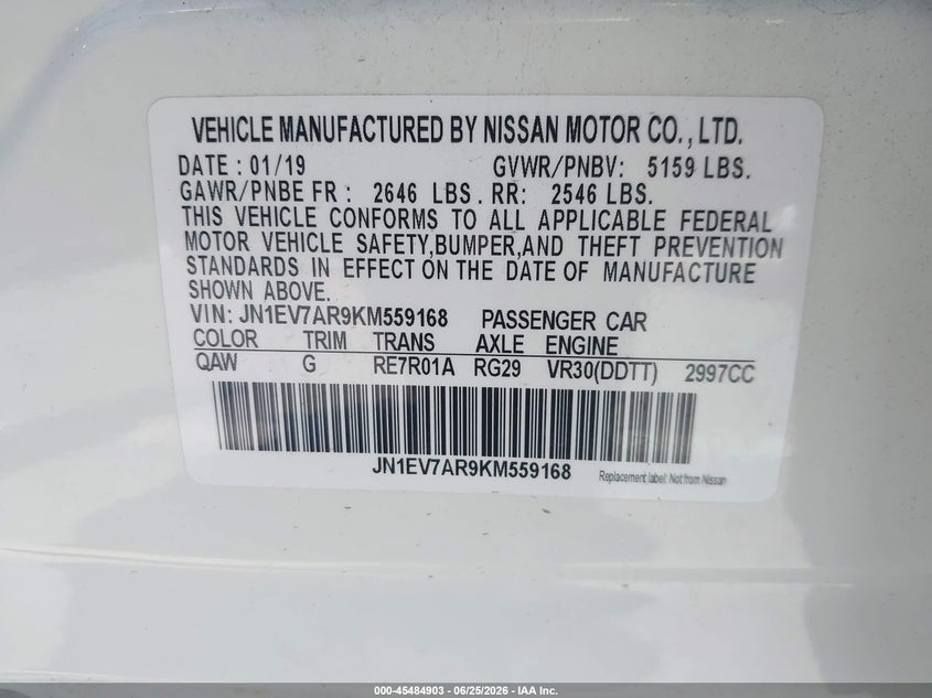 INFINITI Q50 2019 VIN JN1EV7AR9KM559168