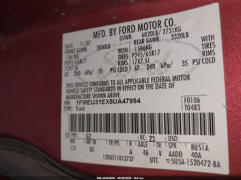 2008 Ford Explorer Sport Trac Xlt VIN: 1FMEU31EX8UA47994 Lot: 45484926