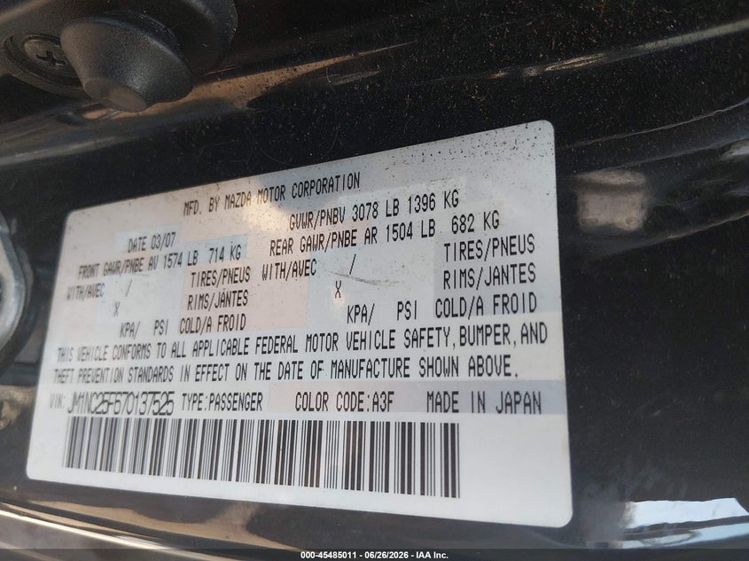 2007 Mazda Mx-5 Sport VIN: JM1NC25F670137525 Lot: 45485011