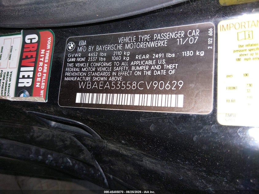 2008 BMW 650I VIN: WBAEA53558CV90629 Lot: 45485070