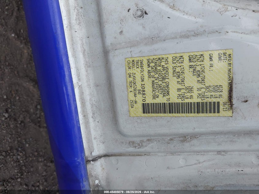 2013 Nissan Nv Cargo Nv2500 Hd S V6 VIN: 1N6BF0LY1DN108870 Lot: 45485079