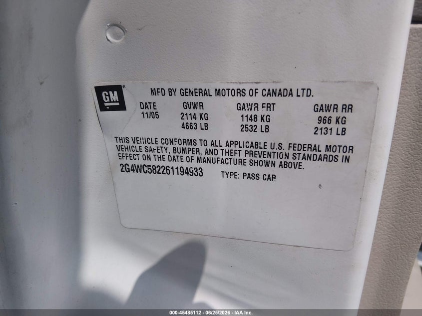 2006 Buick Lacrosse Cx VIN: 2G4WC582261194933 Lot: 45485112