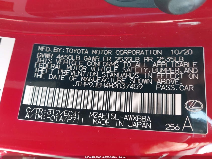 2021 Lexus Ux 250H VIN: JTHP9JBH4M2037459 Lot: 45485165