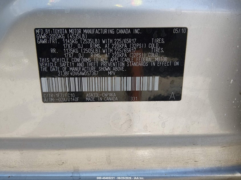 2010 TOYOTA RAV 4 SPORT UTILITY VEHICLE 2.5L I-4 DOHC, VVT, 179HP