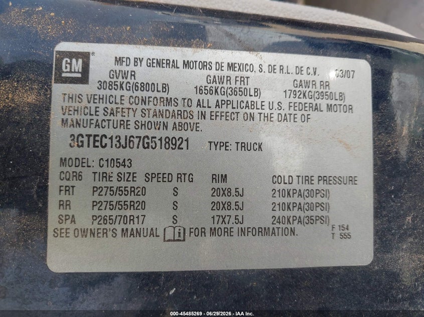 2007 GMC SIERRA TRUCK 5.3L V8 FI F