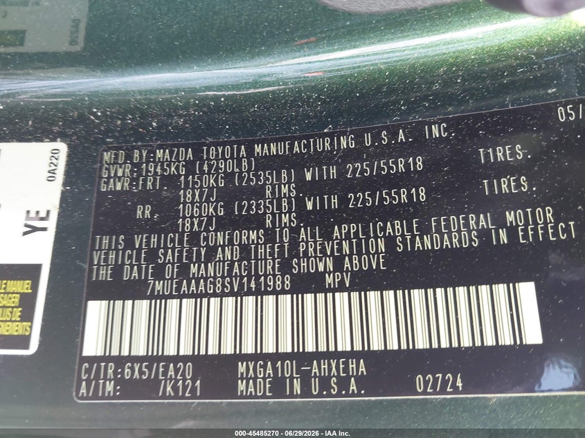 2025 Toyota Corolla Cross Xle VIN: 7MUEAAAG8SV141988 Lot: 45485270