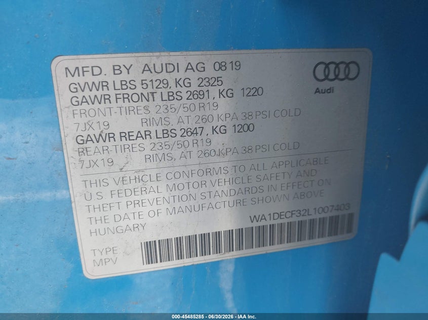 2020 Audi Q3 Premium 45 Tfsi S Line Quattro Tiptronic VIN: WA1DECF32L1007403 Lot: 45485285
