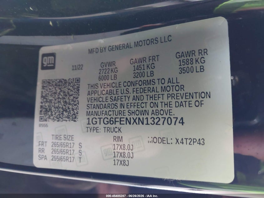 2022 GMC Canyon 4Wd Short Box At4 - Leather VIN: 1GTG6FENXN1327074 Lot: 45485287