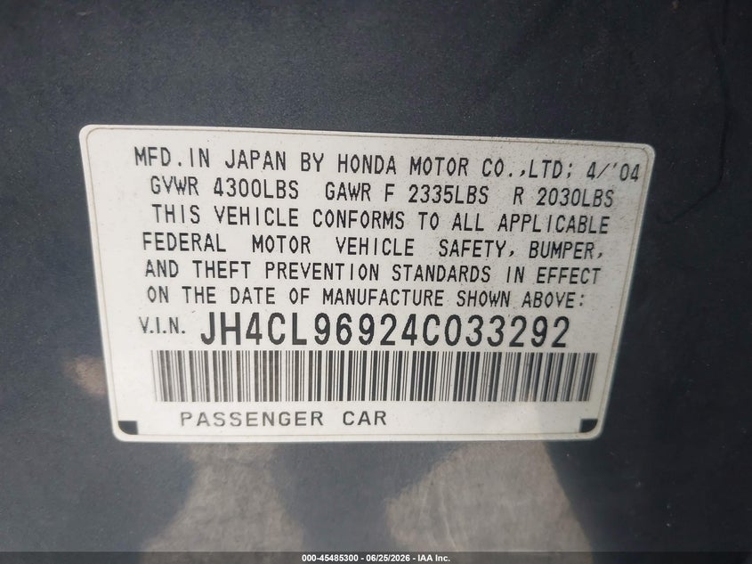 2004 Acura Tsx VIN: JH4CL96924C033292 Lot: 45485300