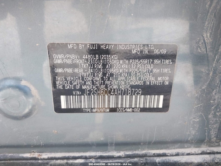 2010 Subaru Forester 2.5X Premium VIN: JF2SH6CC4AH718729 Lot: 45485368