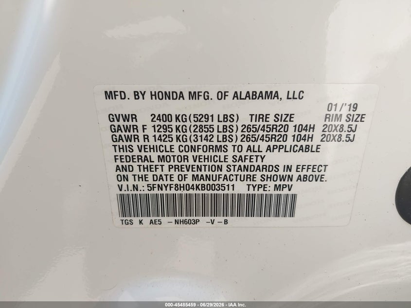 2019 Honda Passport Elite VIN: 5FNYF8H04KB003511 Lot: 45485459