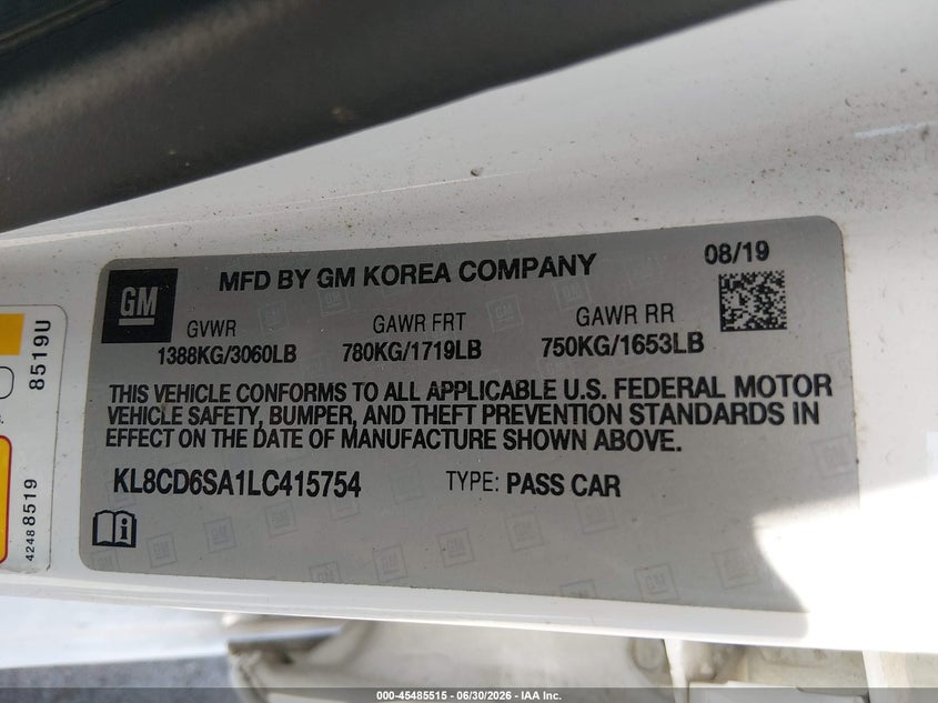 CHEVROLET SPARK 2020 VIN KL8CD6SA1LC415754