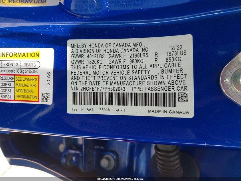 2023 HONDA CIVIC SEDAN 1.5L I-4 DI, DOHC, VVT, TURBO, 180HP