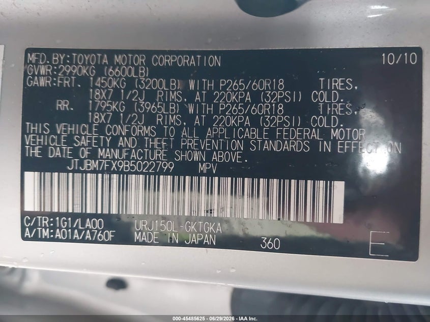2011 Lexus Gx 460 VIN: JTJBM7FX9B5022799 Lot: 45485625