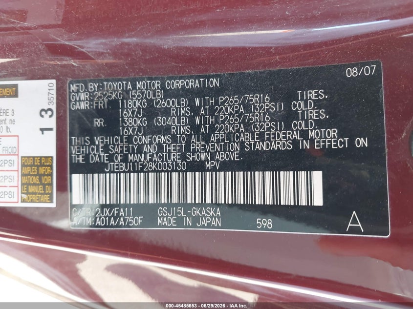 2008 Toyota Fj Cruiser VIN: JTEBU11F28K003130 Lot: 45485653