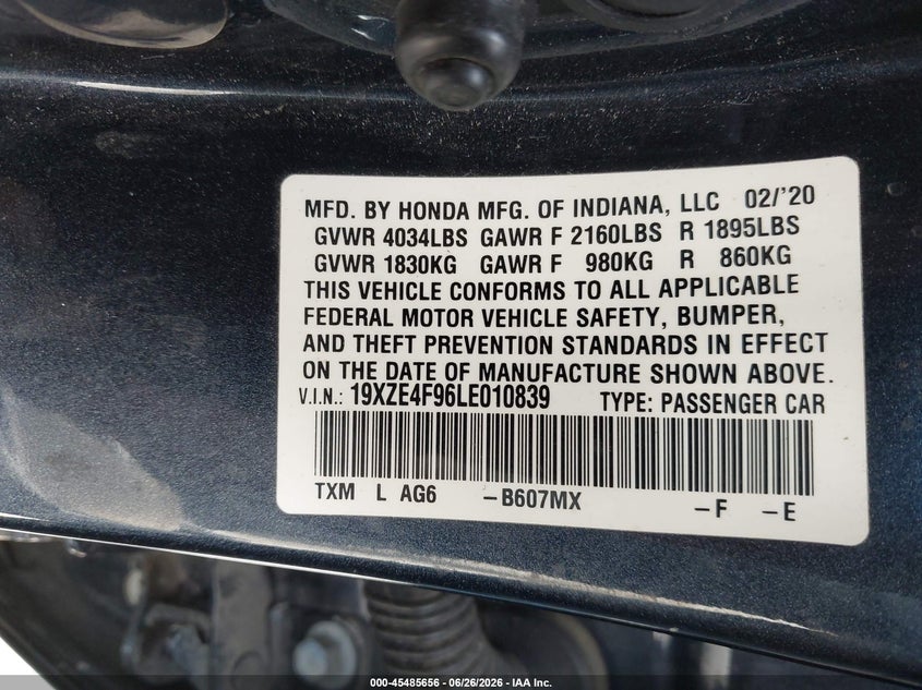 2020 Honda Insight Touring VIN: 19XZE4F96LE010839 Lot: 45485656