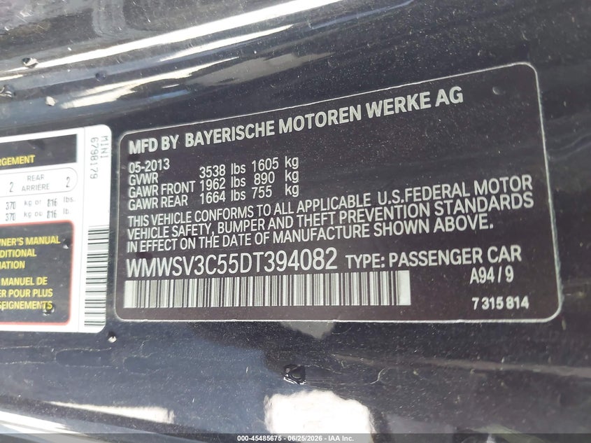 2013 Mini Hardtop Cooper S VIN: WMWSV3C55DT394082 Lot: 45485675