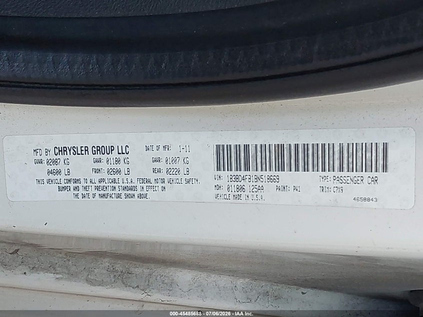 2011 Dodge Avenger Express VIN: 1B3BD4FB1BN518669 Lot: 45485688