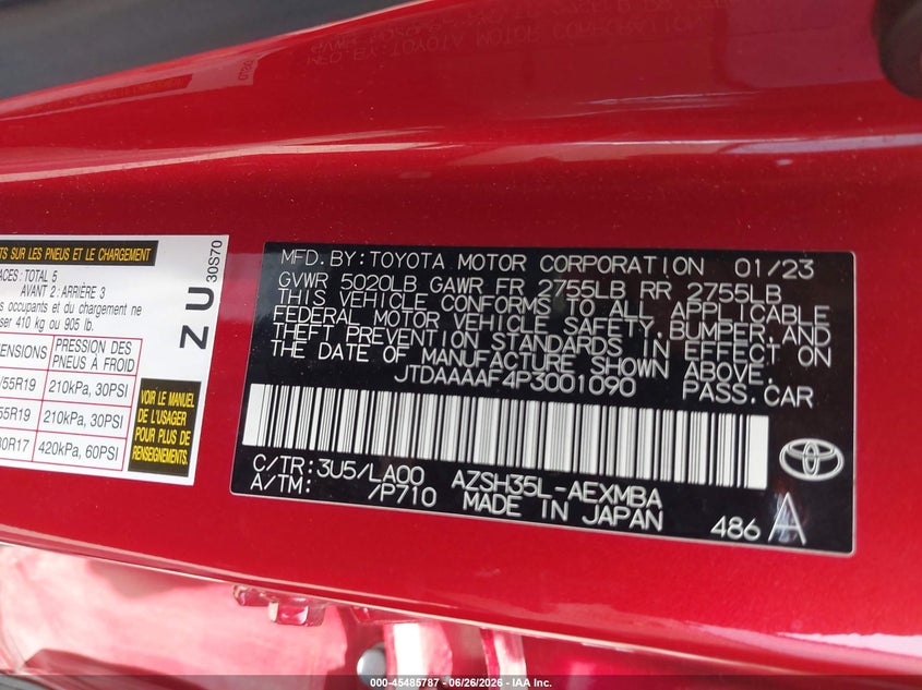 2023 Toyota Crown Limited VIN: JTDAAAAF4P3001090 Lot: 45485787