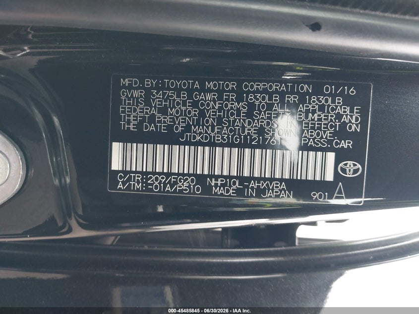 2016 Toyota Prius C Two VIN: JTDKDTB31G1121761 Lot: 45485845