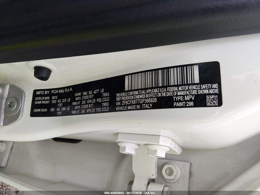 2016 Fiat 500X Easy VIN: ZFBCFXBT7GP366926 Lot: 45485902