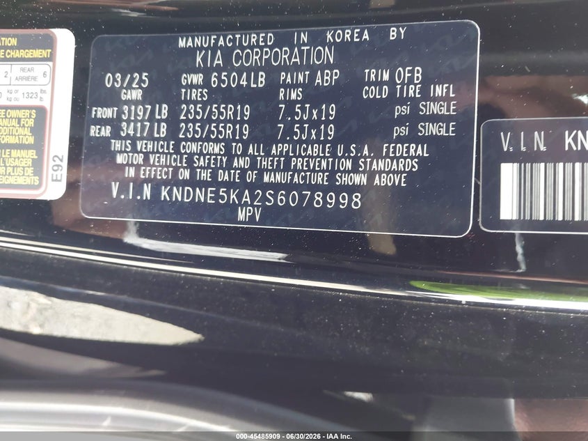 2025 Kia Carnival Mpv Hybrid Sx VIN: KNDNE5KA2S6078998 Lot: 45485909
