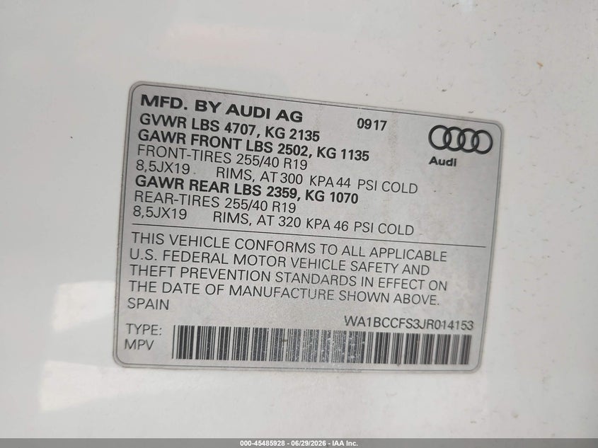 2018 Audi Q3 2.0T Premium/2.0T Sport Premium VIN: WA1BCCFS3JR014153 Lot: 45485928