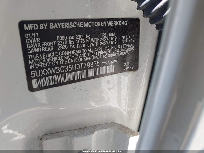 2017 BMW X4 xDrive28I VIN: 5UXXW3C35H0T79835 Lot: 45485940