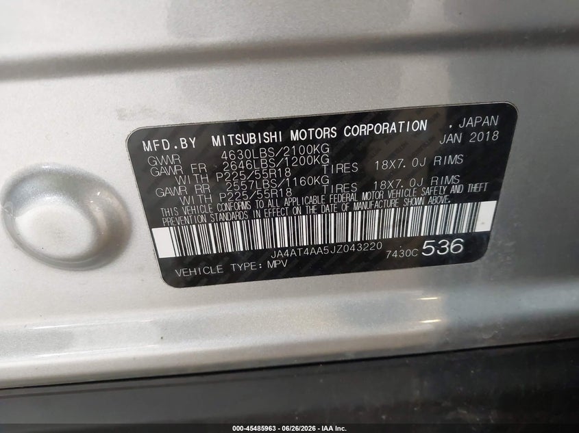2018 Mitsubishi Eclipse Cross Le VIN: JA4AT4AA5JZ043220 Lot: 45485963