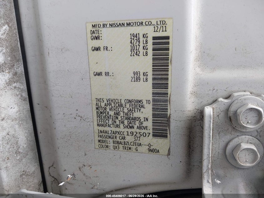 2012 NISSAN ALTIMA SEDAN 2.5L I-4 DOHC, VVT, 175HP