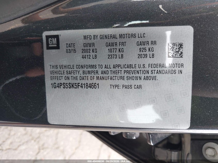2015 Buick Verano Leather Group VIN: 1G4PS5SK5F4184661 Lot: 45486036