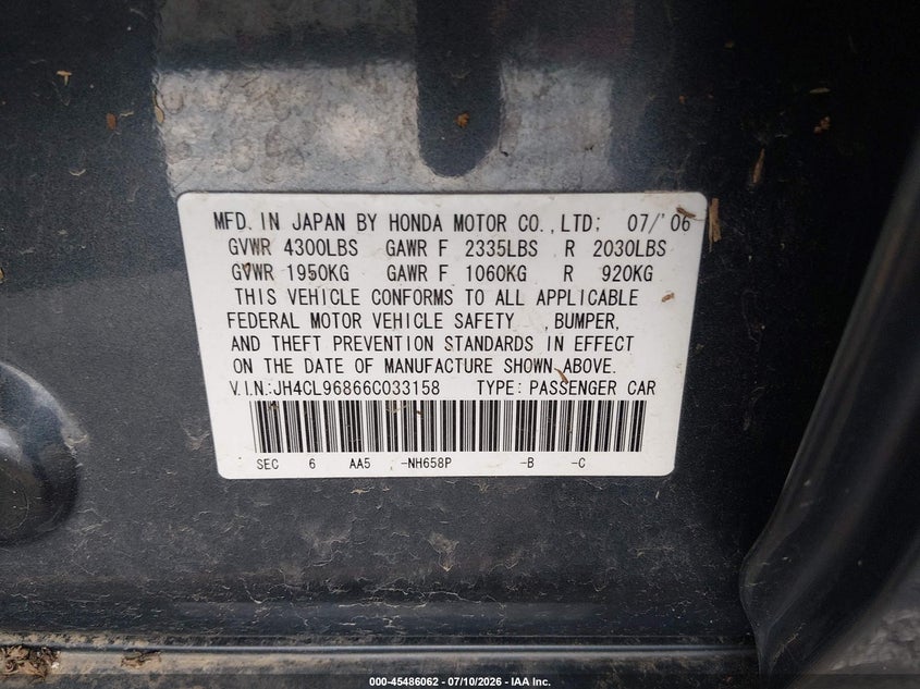 2006 Acura Tsx VIN: JH4CL96866C033158 Lot: 45486062