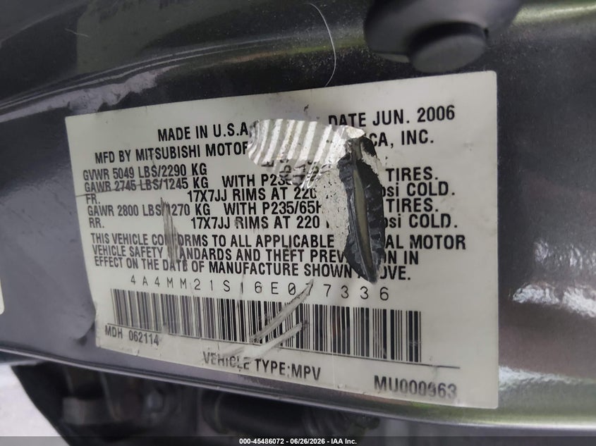 2006 Mitsubishi Endeavor Ls VIN: 4A4MM21S16E077336 Lot: 45486072