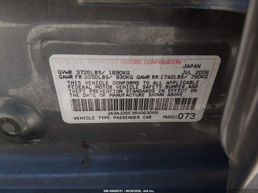 2006 Mitsubishi Lancer Es/Se VIN: JA3AJ26E36U063089 Lot: 45486101