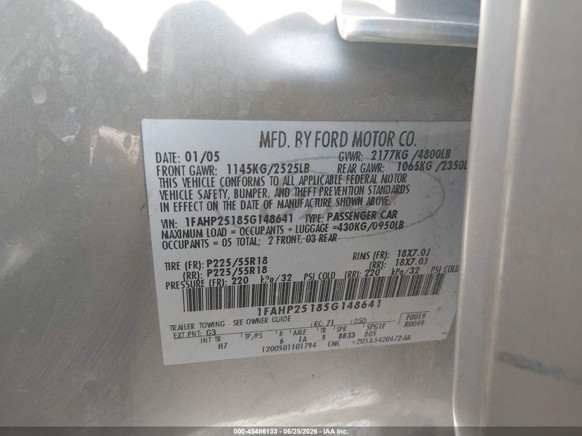 2005 Ford Five Hundred Limited VIN: 1FAHP25185G148641 Lot: 45486133
