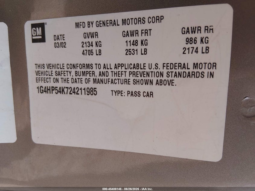2002 Buick Lesabre Custom VIN: 1G4HP54K724211985 Lot: 45486146