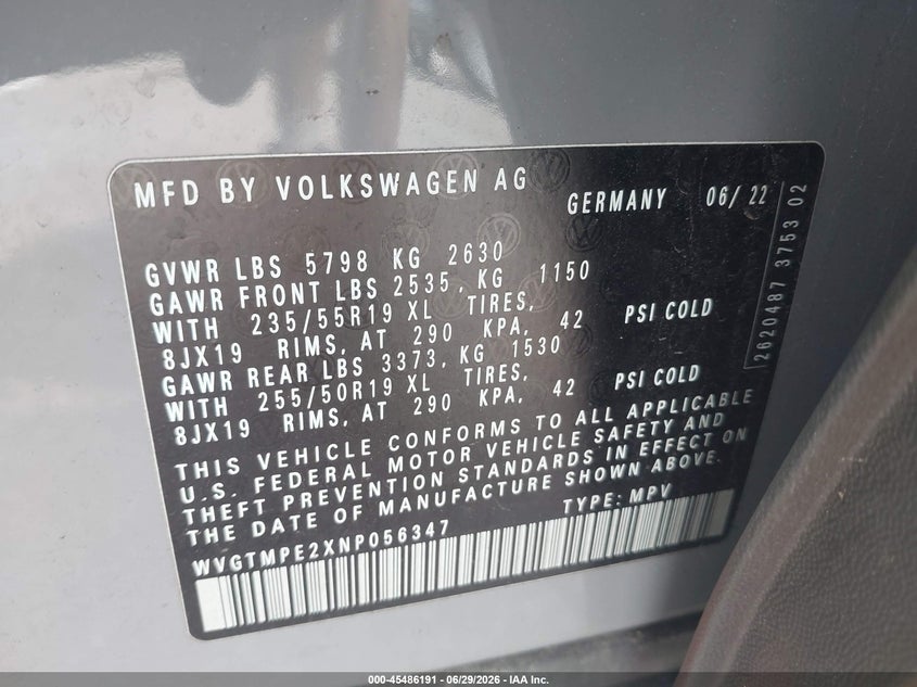 VOLKSWAGEN ID.4 2022 VIN WVGTMPE2XNP056347