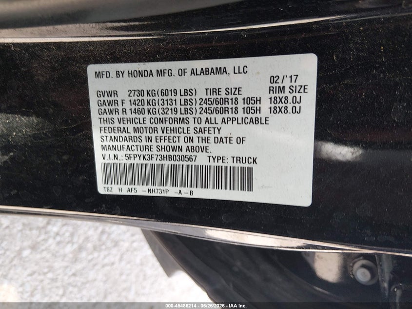 2017 Honda Ridgeline Rtl-E VIN: 5FPYK3F73HB030567 Lot: 45486214