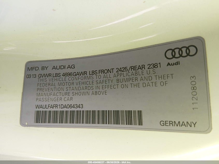 2013 Audi A5 2.0T Premium VIN: WAULFAFR1DA064343 Lot: 45486227