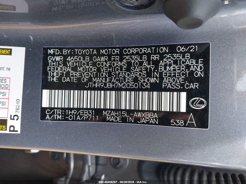 2021 Lexus Ux 250H F Sport VIN: JTHR9JBH7M2050134 Lot: 45486267
