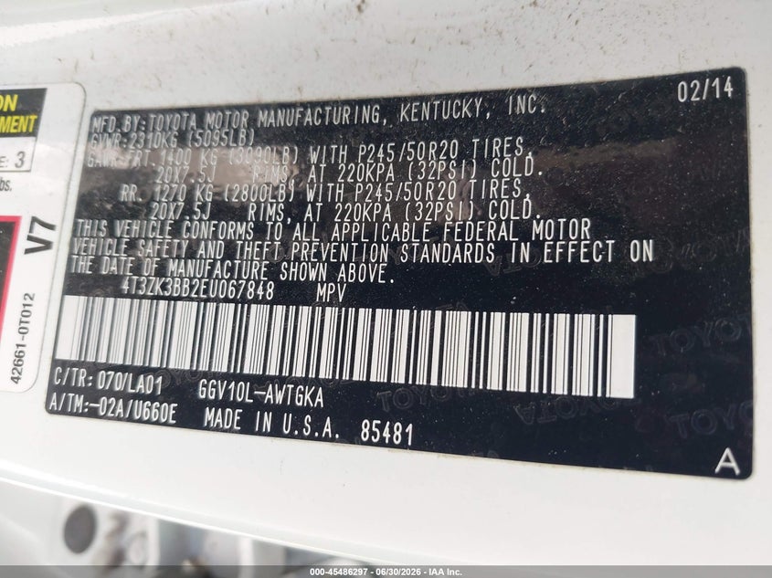 2014 Toyota Venza Xle V6 VIN: 4T3ZK3BB2EU067848 Lot: 45486297