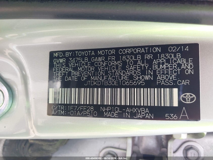 2014 Toyota Prius C Two VIN: JTDKDTB30E1065695 Lot: 45486350