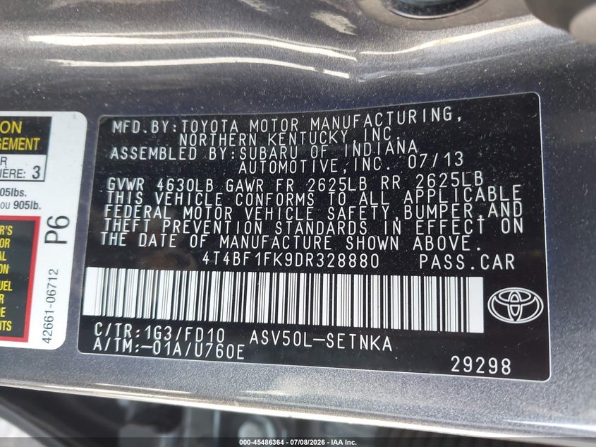 2013 TOYOTA CAMRY SEDAN 2.5L I-4 DOHC, VVT, 173HP