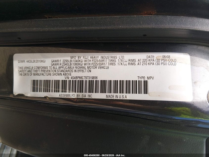 SUBARU OUTBACK 2009 VIN 4S4BP66C797319856