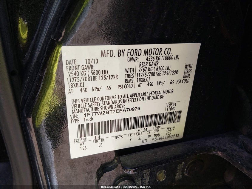 FORD F-250 2014 VIN 1FT7W2BT7EEA70976