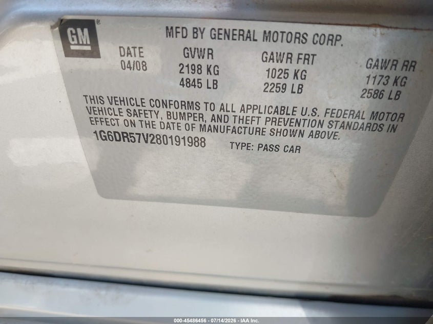 2008 Cadillac Cts Rwd W/1Sb VIN: 1G6DR57V280191988 Lot: 45486456