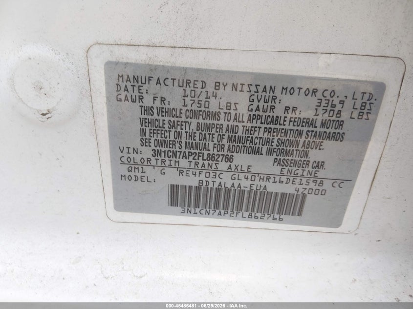 2015 NISSAN VERSA SEDAN 1.6L I-4 DOHC, VVT, 109HP
